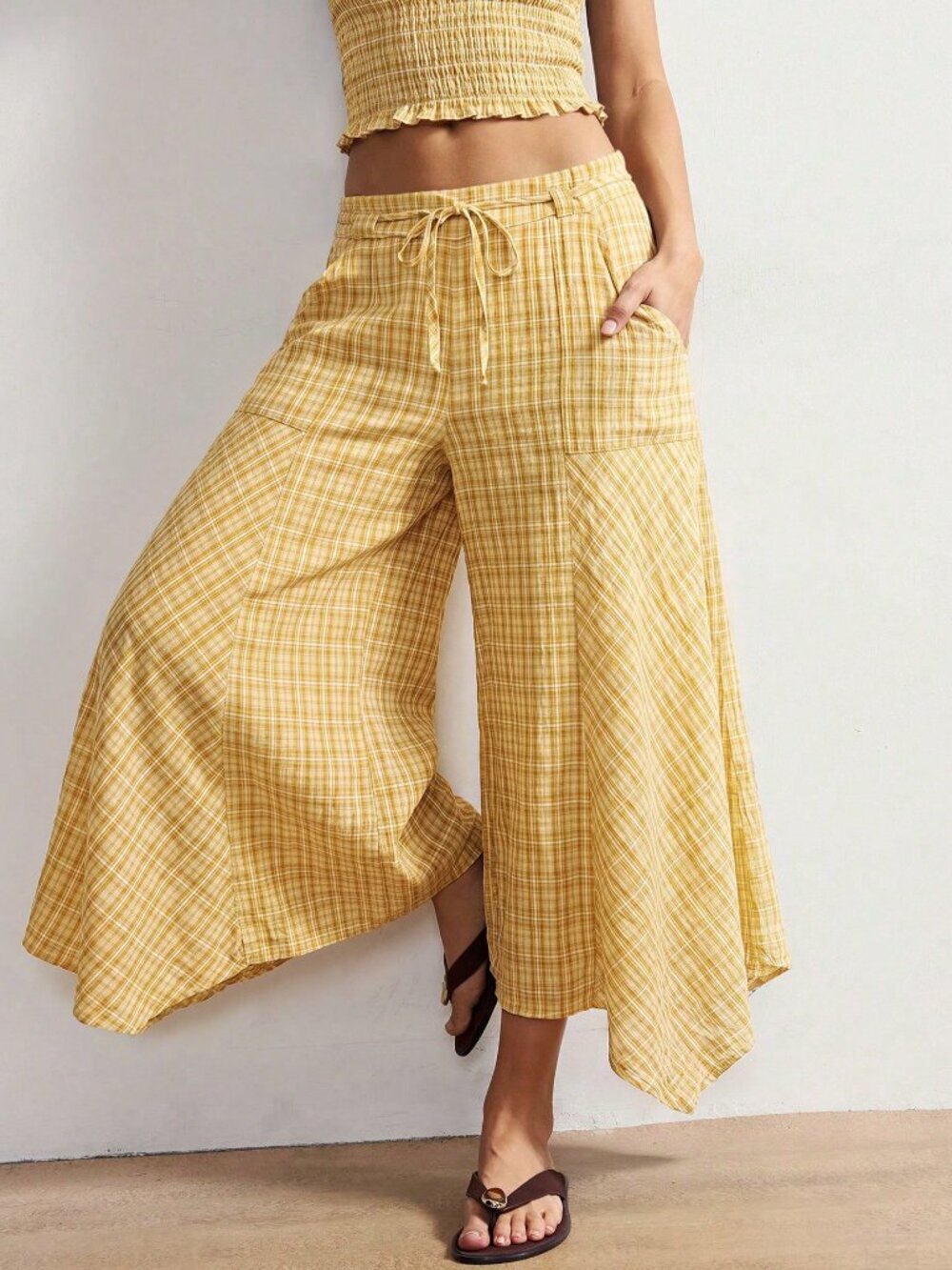 Yellow Casual Women's  Plaid wide legged crop Pants